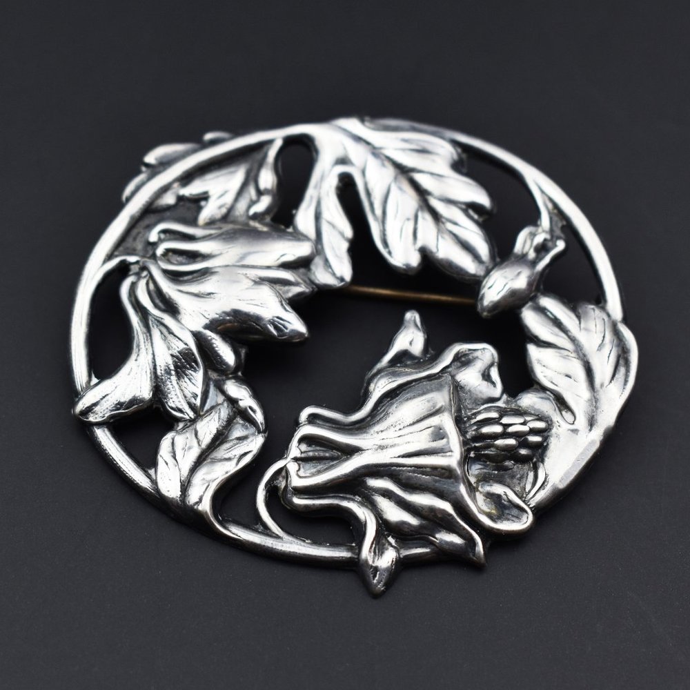 Huge thistle flower pin, large floral brooch silver tone
